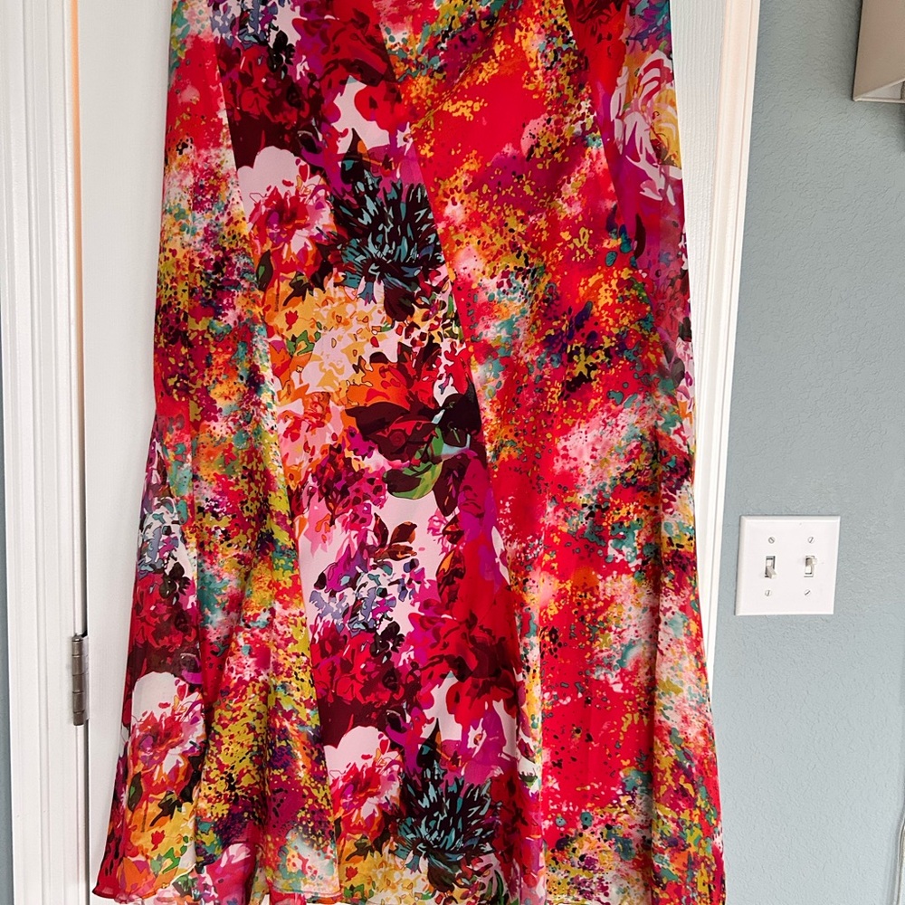 ECI Vibrant Floral A-Line Skirt - Red and Pink